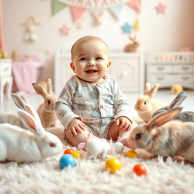 A whimsical scene featuring a cute baby sitting on a soft, fluffy rug, surrounded by playful rabbits of various colors