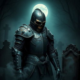 A dark and imposing scene featuring a dead knight in heavy armor, standing amidst a misty graveyard