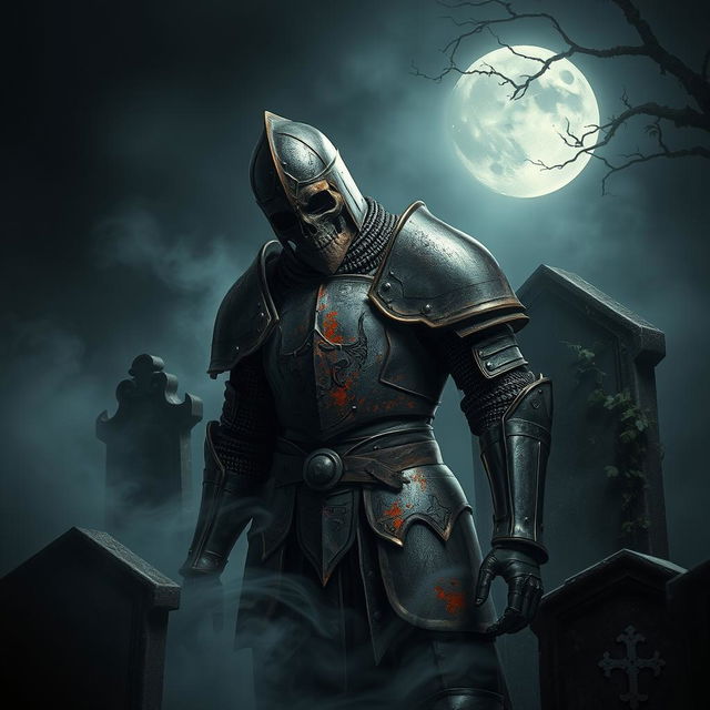 A dark and imposing scene featuring a dead knight in heavy armor, standing amidst a misty graveyard