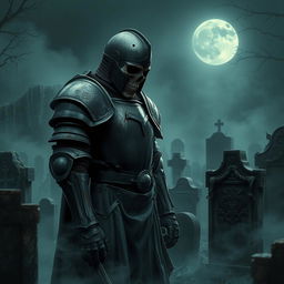 A dark and imposing scene featuring a dead knight in heavy armor, standing amidst a misty graveyard