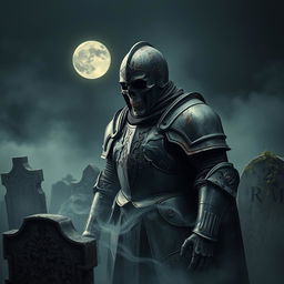 A dark and imposing scene featuring a dead knight in heavy armor, standing amidst a misty graveyard