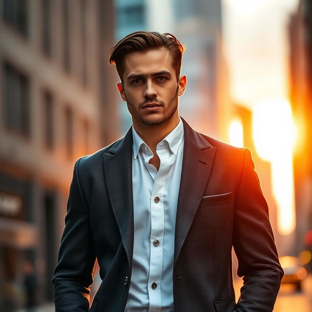 A stylish man wearing a tailored full jacket, with a modern and sophisticated look