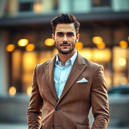 A stylish man wearing a tailored full jacket, with a modern and sophisticated look