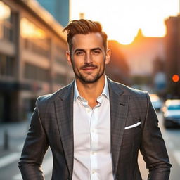 A stylish man wearing a tailored full jacket, with a modern and sophisticated look