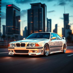A modern interpretation of the BME E34 M5 sports car, showcasing a sleek and futuristic design while maintaining the classic elements of the original E34