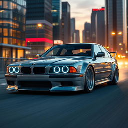 A modern interpretation of the BME E34 M5 sports car, showcasing a sleek and futuristic design while maintaining the classic elements of the original E34