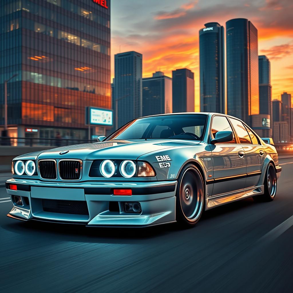 A modern interpretation of the BME E34 M5 sports car, showcasing a sleek and futuristic design while maintaining the classic elements of the original E34