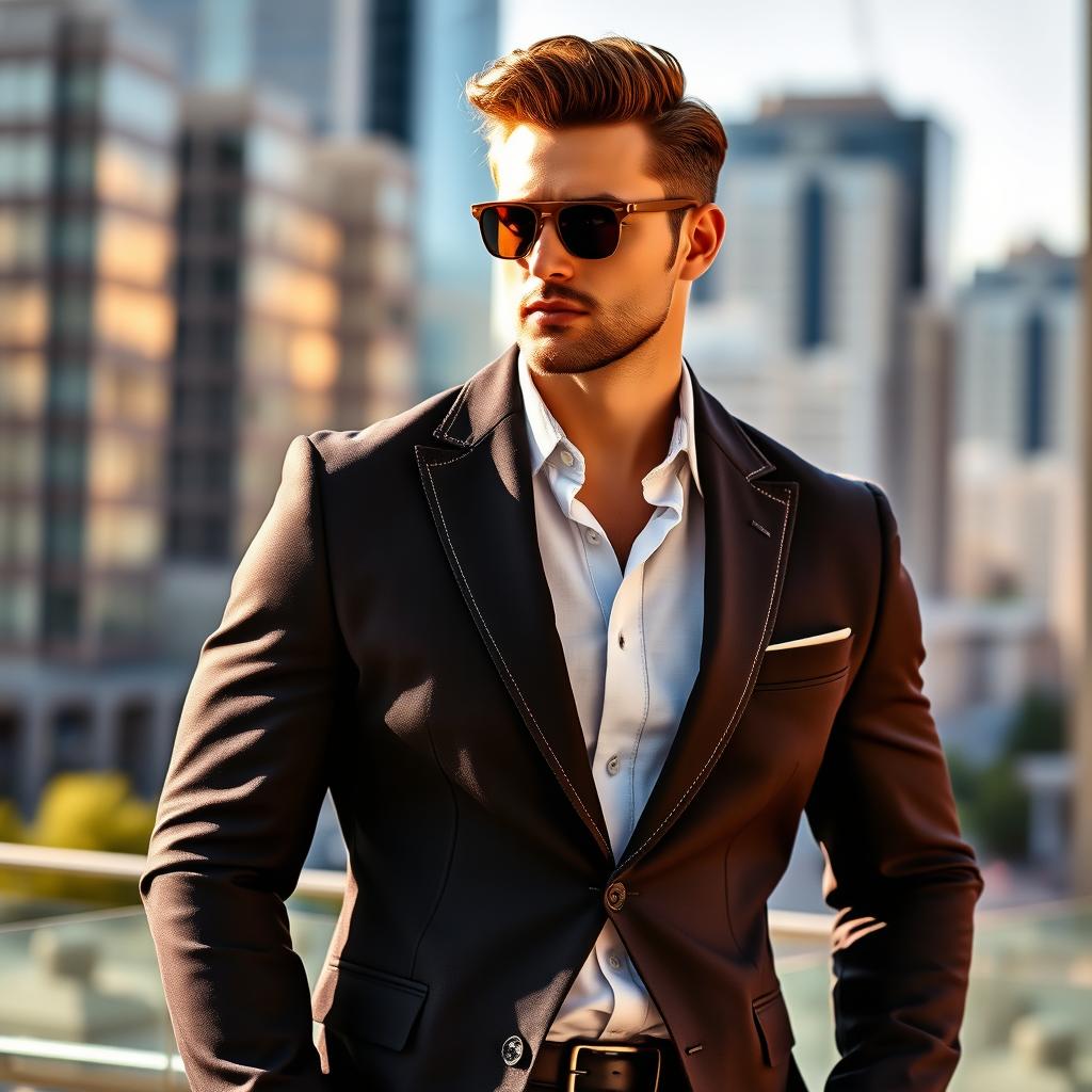 A fashionable man wearing a full jacket, featuring a tailored fit and stylish design