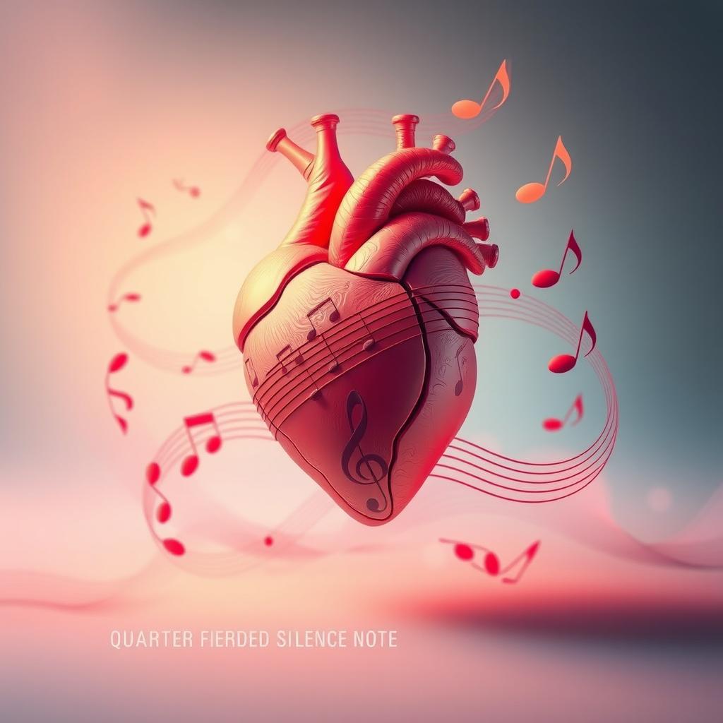 An aesthetic representation of a heart, intricately designed, beating rhythmically in time with a quarter silence note