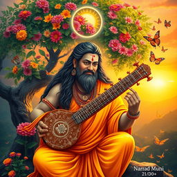 A divine scene depicting Narad Muni, the celestial sage in Hindu mythology, with a serene expression