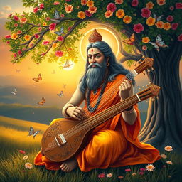 A divine scene depicting Narad Muni, the celestial sage in Hindu mythology, with a serene expression