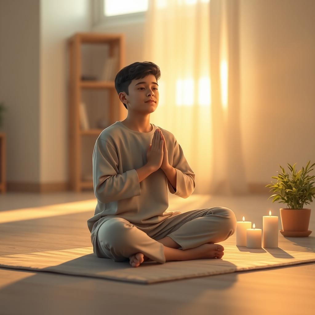 A serene scene depicting a teenager sitting cross-legged on a soft mat in a tranquil indoor setting, with a calm expression as they engage in prayer