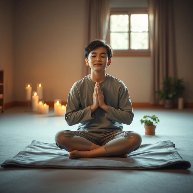 A serene scene depicting a teenager sitting cross-legged on a soft mat in a tranquil indoor setting, with a calm expression as they engage in prayer