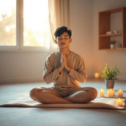 A serene scene depicting a teenager sitting cross-legged on a soft mat in a tranquil indoor setting, with a calm expression as they engage in prayer
