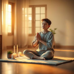 A serene scene depicting a teenager sitting cross-legged on a soft mat in a tranquil indoor setting, with a calm expression as they engage in prayer