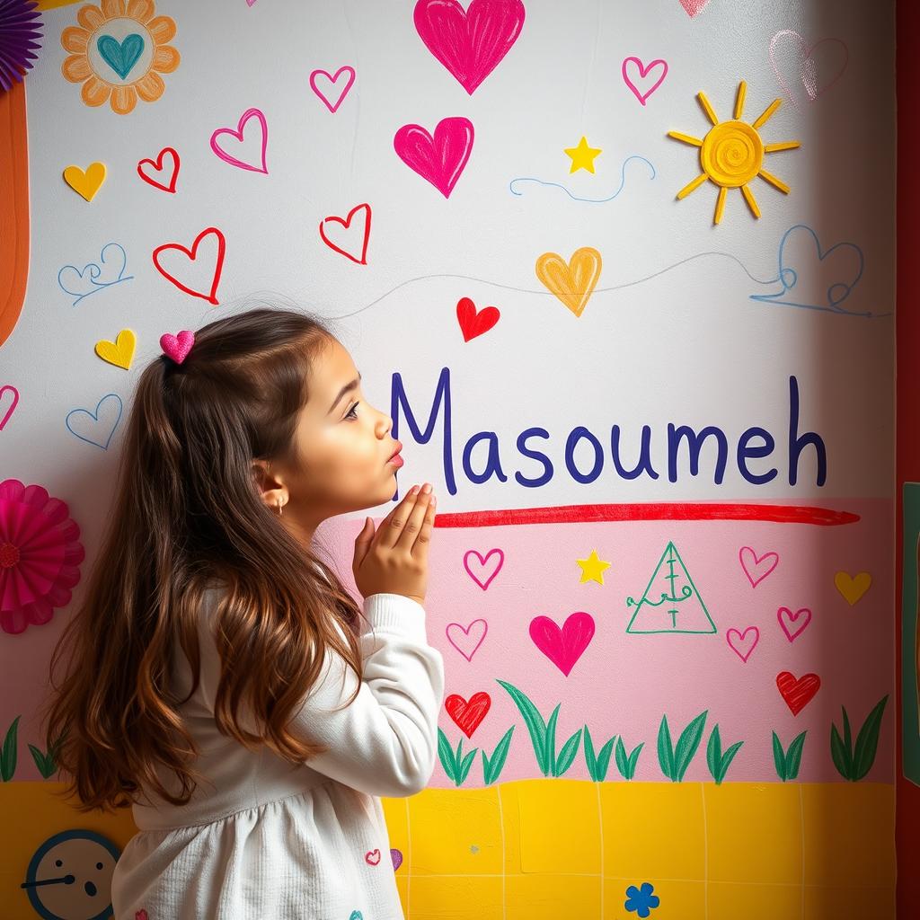 A heartfelt scene featuring a girl named Lisa writing the name 'Masoumeh' on a colorful wall, surrounded by playful decorations and drawings