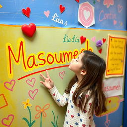 A heartfelt scene featuring a girl named Lisa writing the name 'Masoumeh' on a colorful wall, surrounded by playful decorations and drawings