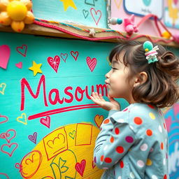A heartfelt scene featuring a girl named Lisa writing the name 'Masoumeh' on a colorful wall, surrounded by playful decorations and drawings