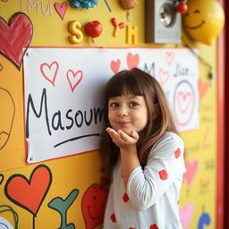 A heartfelt scene featuring a girl named Lisa writing the name 'Masoumeh' on a colorful wall, surrounded by playful decorations and drawings
