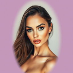 A stunningly beautiful woman with long eyelashes, full lips, a small nose, and a gorgeous figure