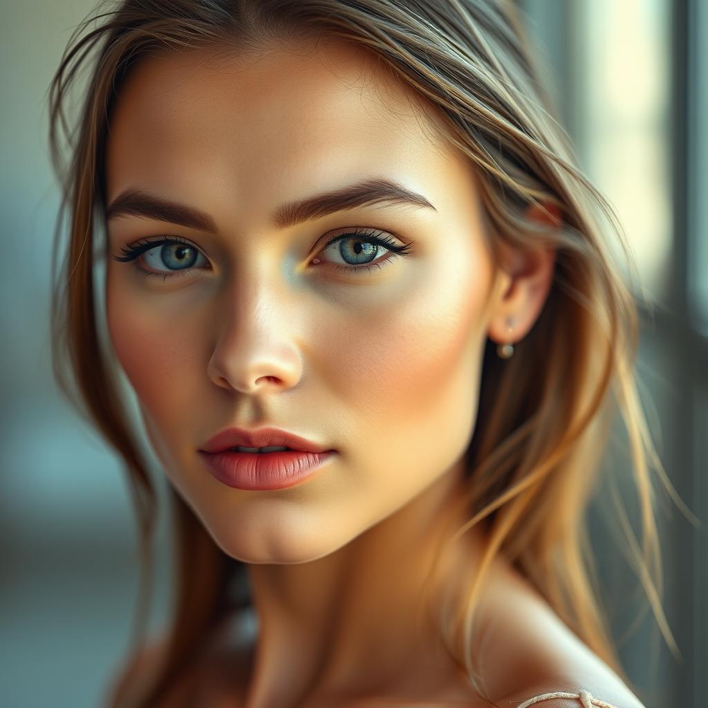 Edit the photo to showcase a model with clear, flawless skin, enhancing the overall image quality with vibrant color contrast to make the features pop