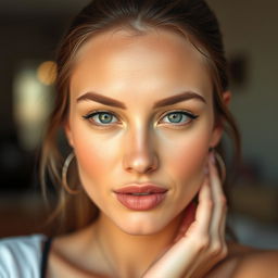 Edit the photo to showcase a model with clear, flawless skin, enhancing the overall image quality with vibrant color contrast to make the features pop