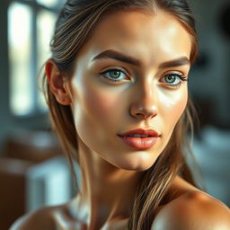 Edit the photo to showcase a model with clear, flawless skin, enhancing the overall image quality with vibrant color contrast to make the features pop