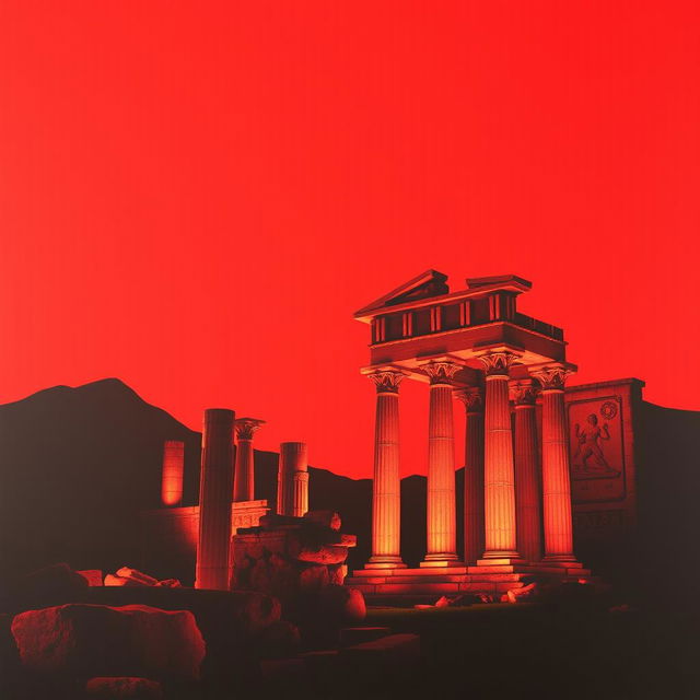 A stunning red-themed poster featuring the majestic ruins of Persepolis, showcasing the intricate architectural details and towering columns, set against a vibrant crimson background