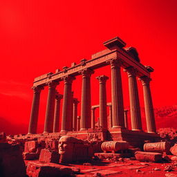 A stunning red-themed poster featuring the majestic ruins of Persepolis, showcasing the intricate architectural details and towering columns, set against a vibrant crimson background