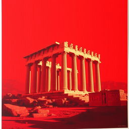 A stunning red-themed poster featuring the majestic ruins of Persepolis, showcasing the intricate architectural details and towering columns, set against a vibrant crimson background