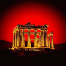 A stunning red-themed poster featuring the majestic ruins of Persepolis, showcasing the intricate architectural details and towering columns, set against a vibrant crimson background
