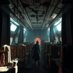 A highly eerie and terrifying spaceship interior filled with tall, ominous chairs that exude a sense of dread