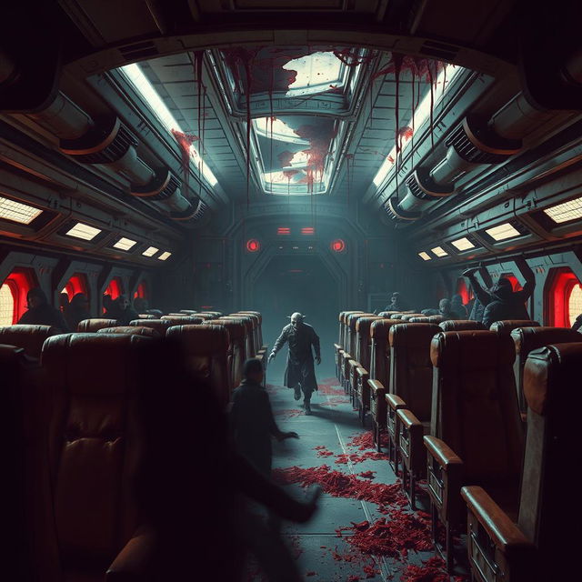 A highly eerie and terrifying spaceship interior filled with tall, ominous chairs that exude a sense of dread