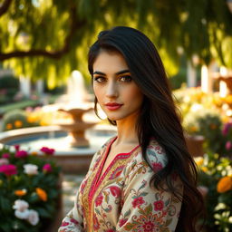 A stunning portrait of a young woman with deep, captivating eyes and flowing dark hair