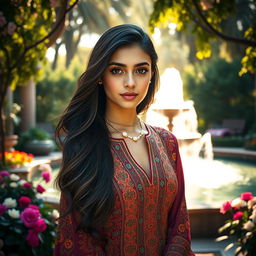 A stunning portrait of a young woman with deep, captivating eyes and flowing dark hair