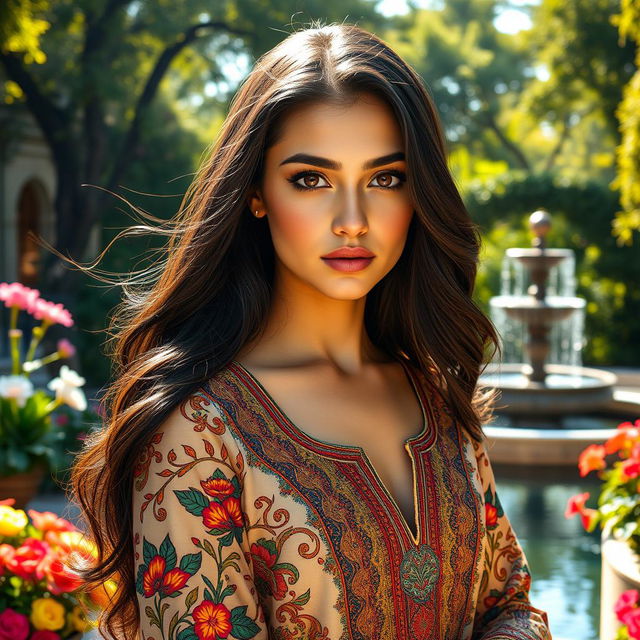 A stunning portrait of a young woman with deep, captivating eyes and flowing dark hair