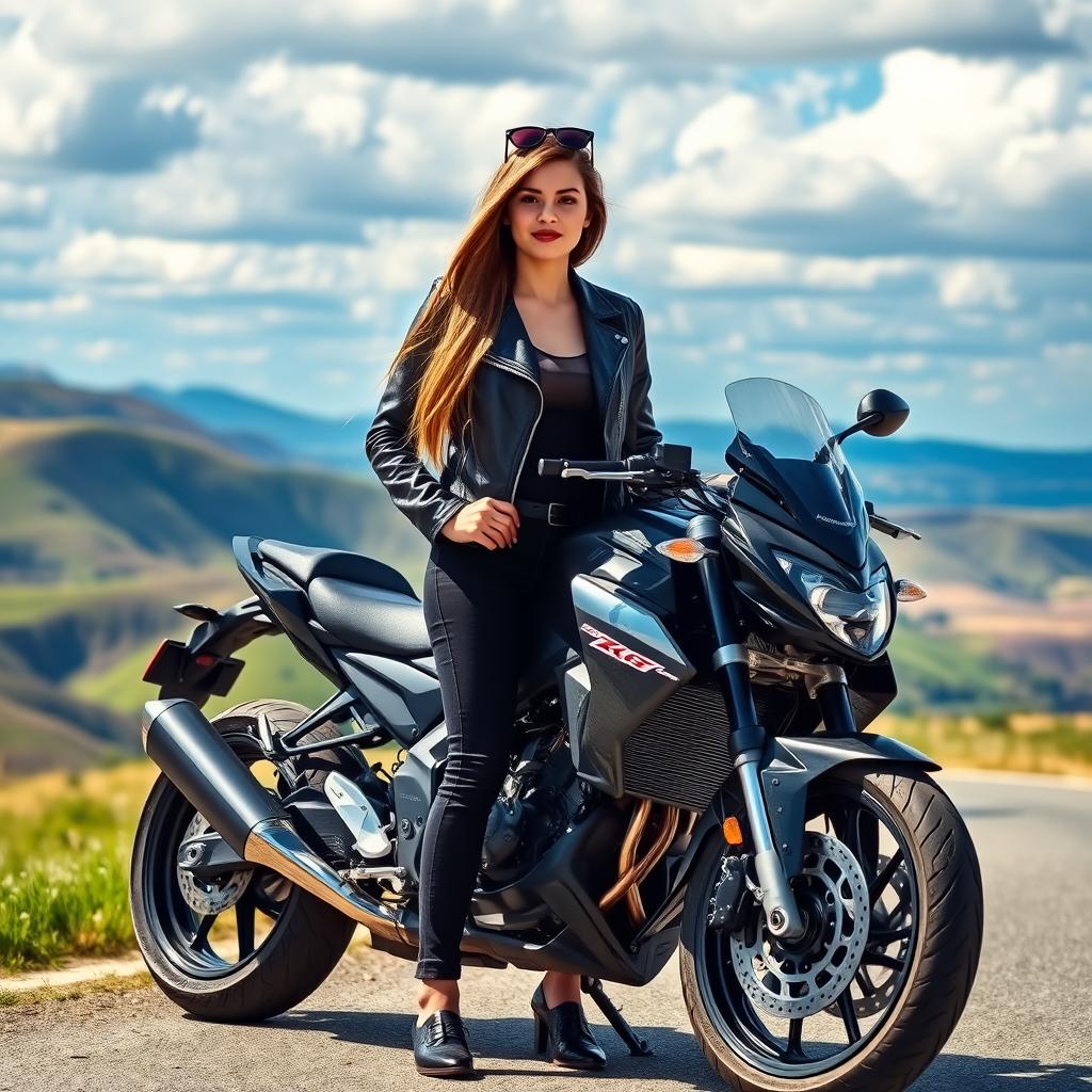 A young woman standing confidently beside a sleek, modern motorcycle on a scenic road