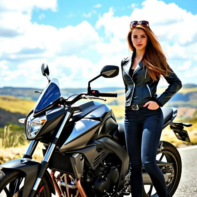 A young woman standing confidently beside a sleek, modern motorcycle on a scenic road