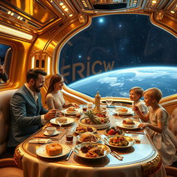 A very luxurious spaceship made of gold, featuring a table set with lavish, gourmet meals