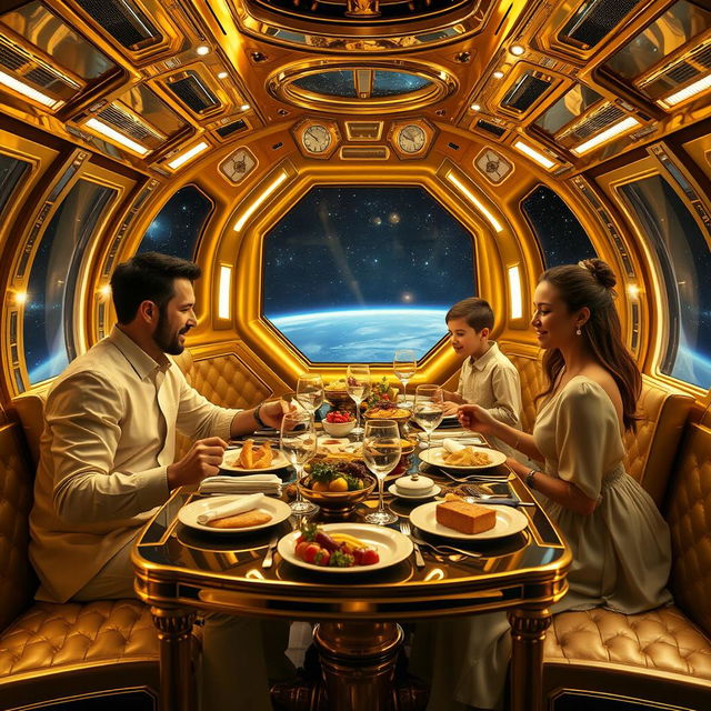 A very luxurious spaceship made of gold, featuring a table set with lavish, gourmet meals