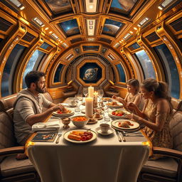 A very luxurious spaceship made of gold, featuring a table set with lavish, gourmet meals