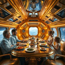 A very luxurious spaceship made of gold, featuring a table set with lavish, gourmet meals