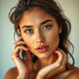 Edit the photo to achieve a striking image of a model showcasing clear, radiant skin, enhancing the overall quality with exceptional color contrast that highlights the subject's features