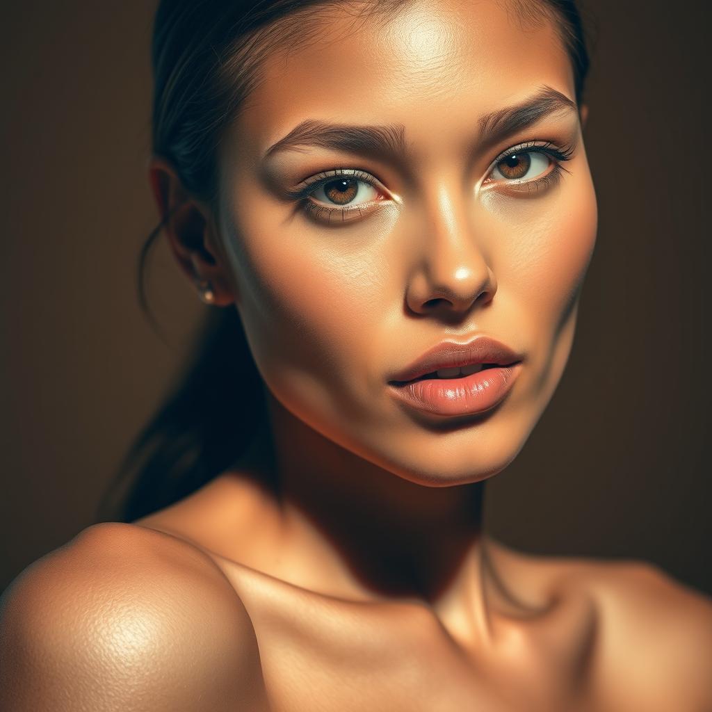 Edit the photo to achieve a striking image of a model showcasing clear, radiant skin, enhancing the overall quality with exceptional color contrast that highlights the subject's features