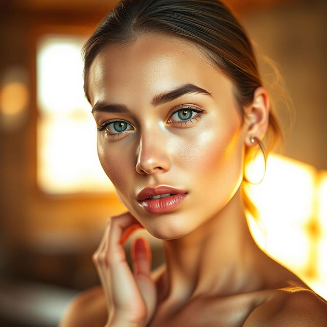 Edit the photo to achieve a striking image of a model showcasing clear, radiant skin, enhancing the overall quality with exceptional color contrast that highlights the subject's features