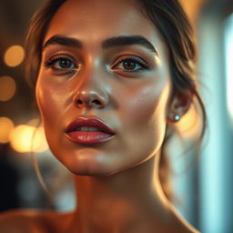 Edit the photo to achieve a striking image of a model showcasing clear, radiant skin, enhancing the overall quality with exceptional color contrast that highlights the subject's features