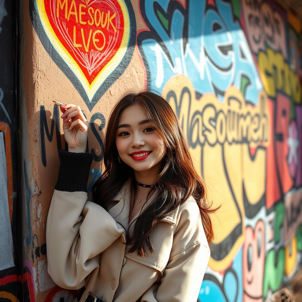 Lisa from BLACKPINK, a South Korean singer, artistically writing the name 'Masoumeh' on a wall with love and affection