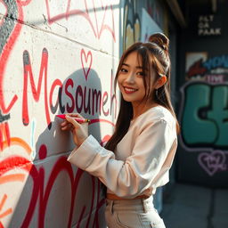 Lisa from BLACKPINK, a South Korean singer, artistically writing the name 'Masoumeh' on a wall with love and affection
