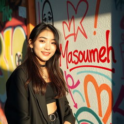 Lisa from BLACKPINK, a South Korean singer, artistically writing the name 'Masoumeh' on a wall with love and affection