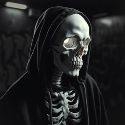 A skeletal skull wearing a hoodie, creating a unique and intriguing profile image
